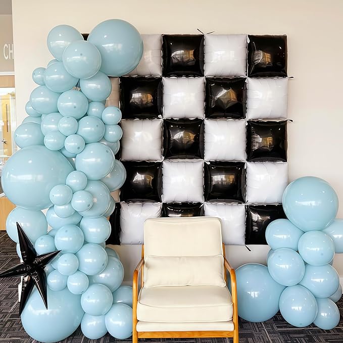 Black and White Square Foil Balloons Wall, Double Sided Chrome Black White Balloons Tunnel Arch Kit Backdrop for Checkerboard Racing Themed Birthday Graduation Wedding Party Decorations