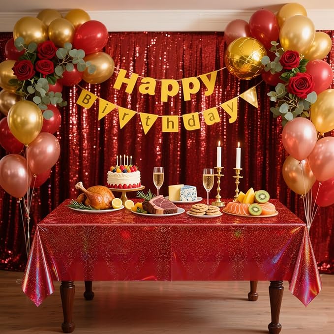4Pcs Red and Black Holographic Tablecloths Rectangular Black Iridescent Tablecloth Shimmer Metallic Red Table Covers for Halloween Retirement Family Gatherings Christmas Party Supplies, 54 x 108Inch