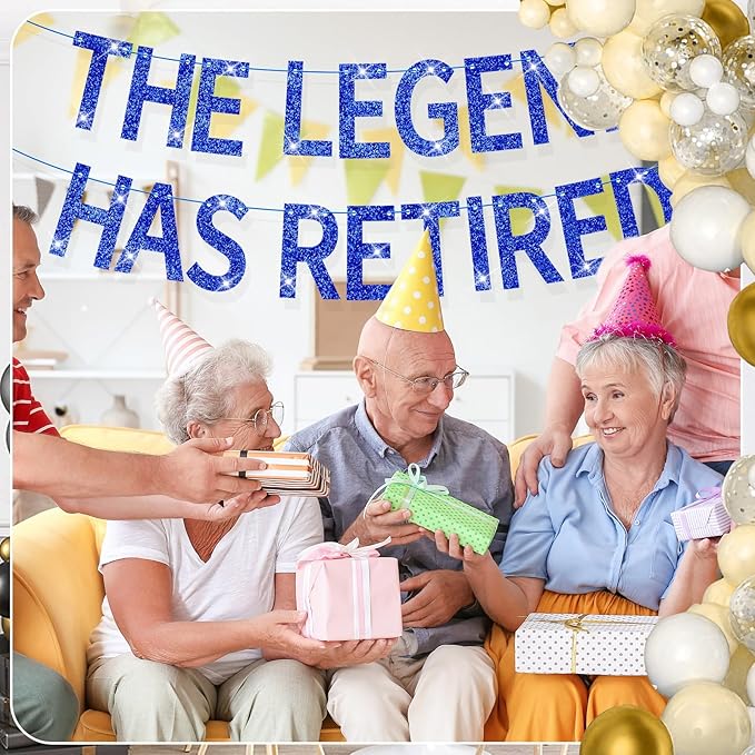 The Legend Has Retired Banner Blue Glitter Pre-Strung No DIY Retirement Banner Decorations for Men Women Retirement Party Supplies(Blue)