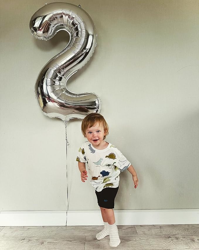 Silver Number 2 Balloon 40 Inch, 2nd Birthday Decoration for Toddlers Girls Boys, Sparkling 2 Number Balloon Party Decor