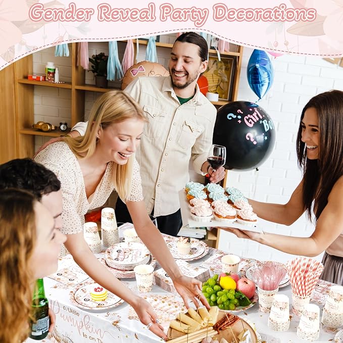 452 Pcs Little Pumpkin Baby Shower Decorations for 50, Pink a Little Pumpkin Is on The Way Paper Plates Napkins Cups Tablecloth Cutlery Straws for Autumn Fall Thanksgiving Party Supplies