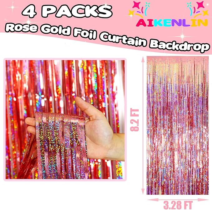 4 Pack 3.2Ft x 8.2Ft Rose Gold Foil Fringe Curtain Backdrop, Metallic Tinsel Foil Fringe Streamers Curtains Background for Photo Booth, Birthday, Wedding, Disco, Bachelorette, Christmas Party Decor