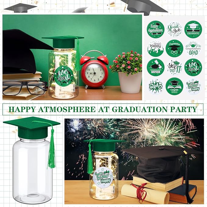 Boao 16 Sets Graduation Table Decoration Set with LED Light up Graduation Decorations for Class of 2026, Grad Jar, Felt Grad Hat and Stickers for High School College(Green,Vivid)
