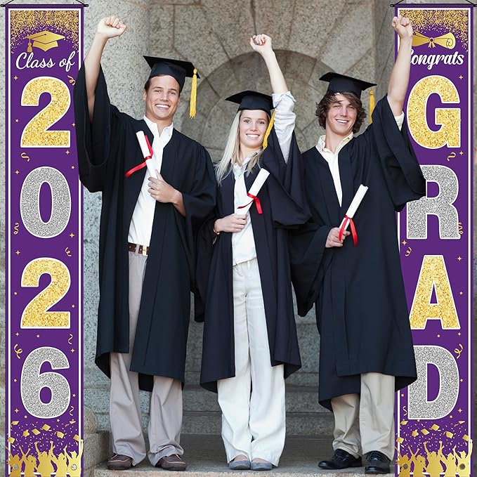 OHOME Graduation Decorations 2026 - Purple Gold Congrats Grad Porch Banner for Graduation Party Decorations - Class of 2026 - Party Favors Supplies Backdrop Yard Signs Decor (Purple)