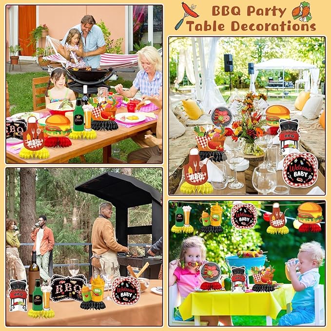 JULMELON 9PCS BBQ Baby Shower Party Decorations Honeycomb Centerpieces, 3D Double Side Summer Picnic Centerpieces for Tables Cookout BBQ Birthday Picnic Themed Party Decorations Supplies