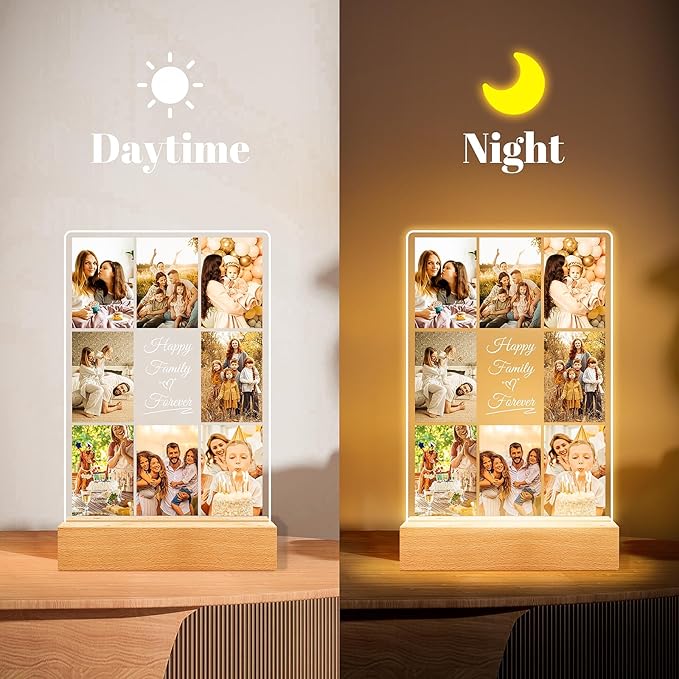 Personalized Collage Picture Frames with Photos, Custom Photo Frame with Night Light, Customized Picture Frame, Personalized Birthday Gifts for Women Men Mom Dad Kids Baby Family Friends