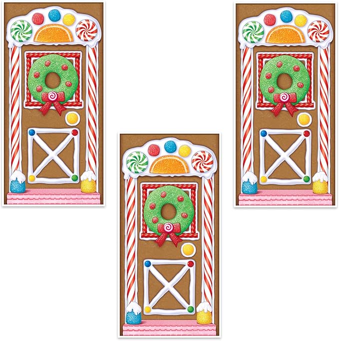 Beistle Gingerbread House Door Covers, 5’ x 30”, 3 Pieces – Magical Festive Winter Holiday Decor - Plastic for Indoor and Outdoor Use - Easily Display - Vibrant Candy Theme Christmas Decorations