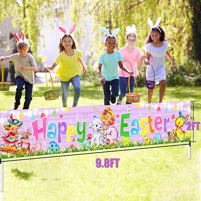 Easter Decorations Happy Easter Banner Traditional Easter Day Porch Banner Easter Yard Sign for Wall Yard Fence Spring Theme Party Indoor Outdoor (Pink)