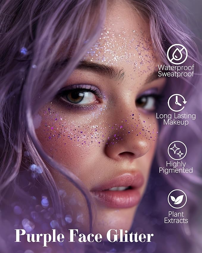 Glitter Freckles, Purple Temporary Face Tattoos Stickers, Body Face Glitter for Women Girls, Country Concerts Singer Festival Rave Accessories (Purple - 10 pcs)