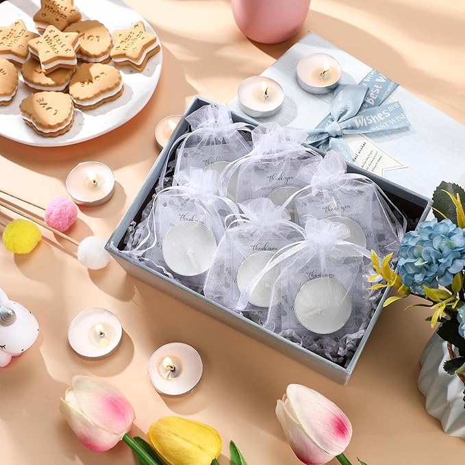 50 Sets Baby Shower Party Favors Including 50 Pcs Unscented Tealight Baby Shower Candles Gift Bags Cards for Gender Reveal Party Supplies(White Silver)