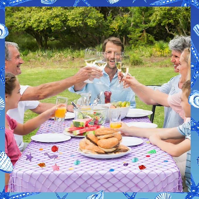 8 Pcs Fish Net Decorative Tablecloth Set, Ocean Waves Plastic Tablecloths with Cotton Fish Net Set for Nautical Themed Birthday Pirate Mermaid Party Decorations