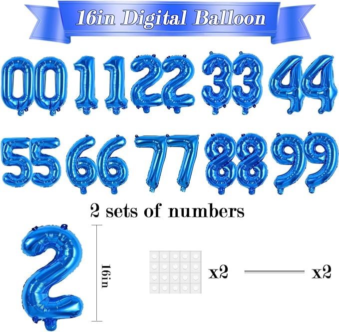 TONIFUL Number Balloons 16 Inch Blue 2 Set 0-9 Number Mylar Foil Balloons 20 Pcs Custom digitalal for 2026 New Year Eve Birthday Party Engagement Graduations Anniversary Baby Shower Decor