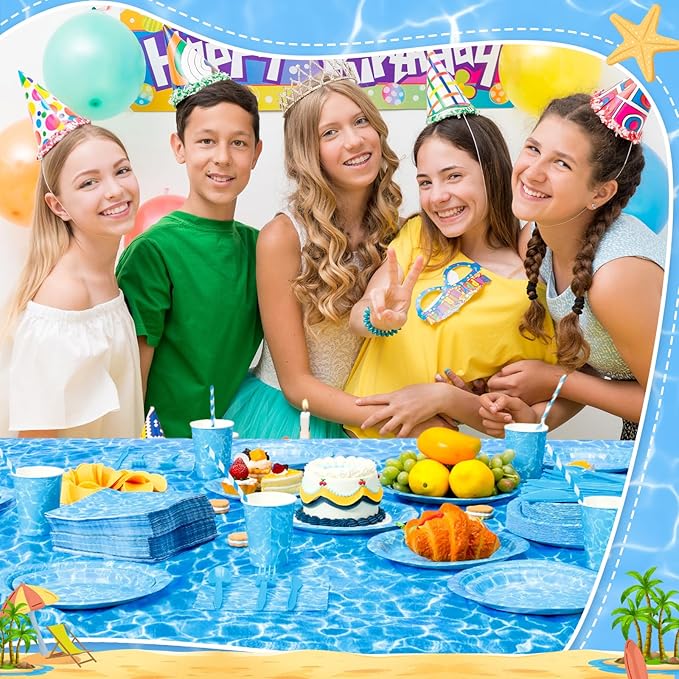Ceenna 452 Pcs Ocean Waves Party Decorations for 50 Guest, Under The Sea Pool Paper Plates Napkins Cups Tablecloth Cutlery Straw for Summer Blue Ocean Water Beach Birthday Baby Shower Party Supplies