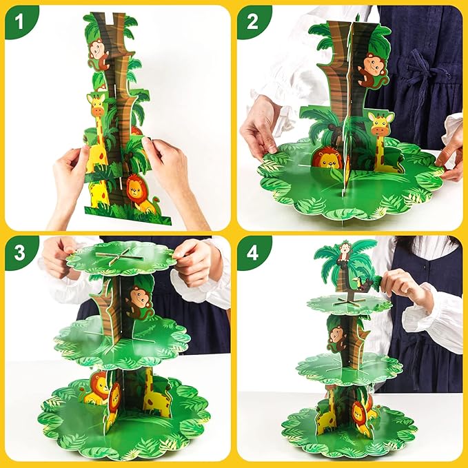 Safari Birthday Decorations 3 Tier Jungle Baby Shower Cupcake Stand Wild One Birthday Table Decor for Boys Lion Party Safari Zoo Party Favor Supplies