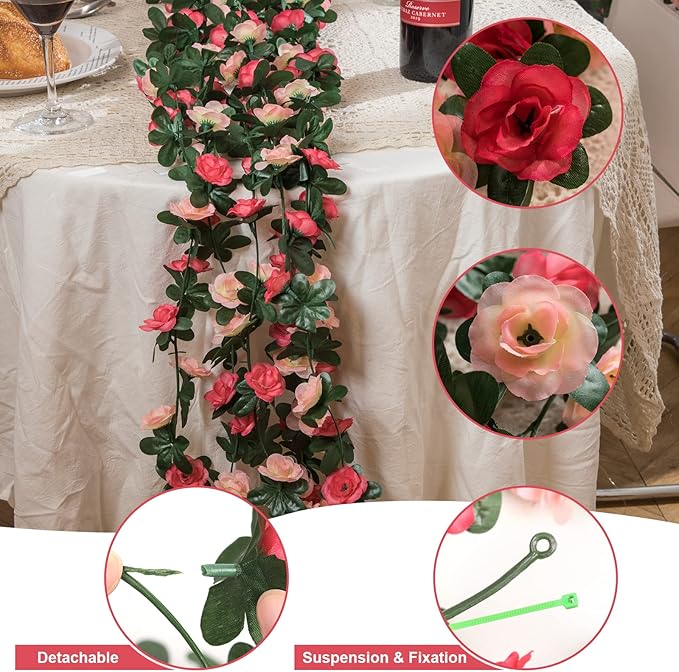 MARTINE MALL Flower Garland Rose Vines, 8 Strands 66Ft Flowers Vines for Bedroom, Rose Flower Garland Decoration, Rose Floral Garland for Room Table Birthday Wedding Party Garden Wall Decor