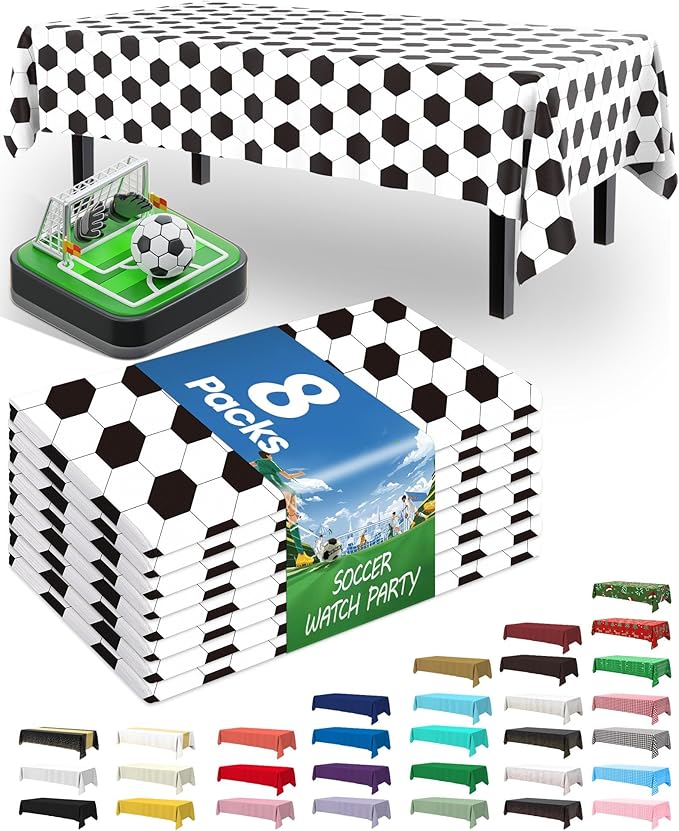 Pureegg Soccer Party Decorations 2026 Plastic Tablecloth Disposable 8 Pack, Rectangle Table Cover 54 x 108 Inch, Sturdy Leakproof Plastic Table Cloth for Soccer Birthday Party, White and Black Soccer
