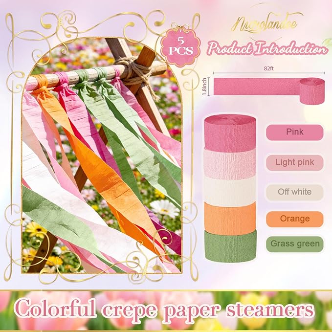 NICROLANDEE 5 Rolls Pastel Crepe Paper Streamers Backdrop Decorations for Easter Decorations, Birthday, Wedding, Garden Party, Bridal Shower, Baby Shower, Spring Home Decor