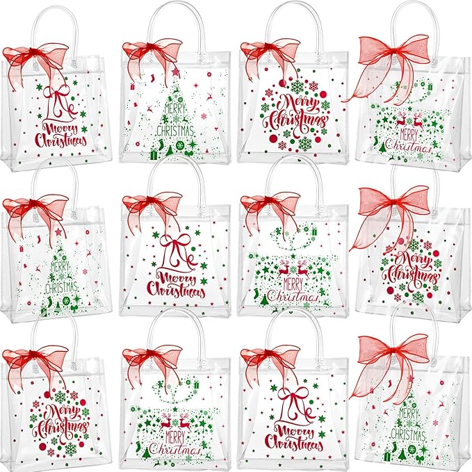 Henoyso 12 Pcs Christmas Clear Gift Bags Plastic Candy Treat Goodie Bags Red Foil Santa PVC Wrap Totes with Handles and Ribbon Xmas Party Favors (Merry Christmas,7.8 x 7.8 x 3.1 Inch)