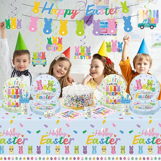 124pcs Easter Party Decorations Set Include Happy Easter Banner Chillin with My Peeps Paper Plates and Napkins,Paper Cups,Plastic Tablecloth and Forks,Hanging Swirls, for 20 Guests