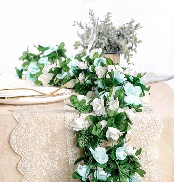 Miracliy 8Pcs 66FT Blue Flower Garland, Artificial Rose Floral Vines Fake Hanging Spring Flower Garland for Wall Backdrop Wedding Arch Tea Party Door Mantle Decoration (Each Pcs 8.2FT)