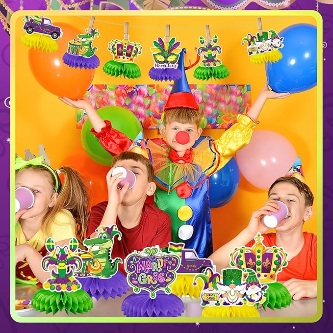 JULMELON Mardi Gras Table Decorations Honeycomb Centerpiece, 8pcs Mardi Gras Centerpieces for Tables Masquerade Masks Crown Signs Decor Mardi Gras Party Decorations for Home