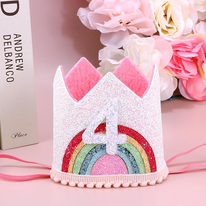 4 Year Old Girl Birthday Gifts 4th Birthday Decorations Four Year Old Girl Rainbow Birthday Hat Birthday Headband Princess Tiara Birthday Crown Birthday Accessories for Party Photo Props