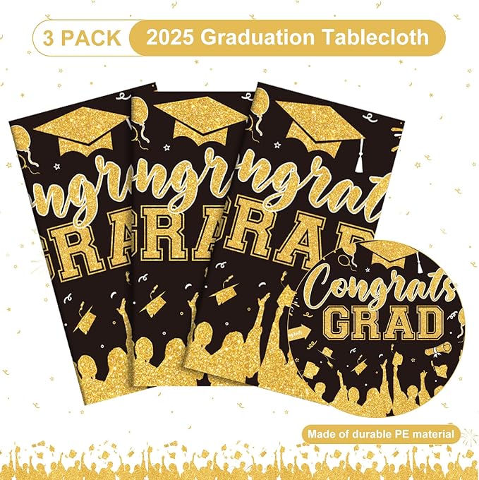 3 Pack Plastic Graduation Tablecloth, Graduation Decorations Class of 2026 Disposable Rectangle Black and Gold Table Cover, 2026 Gongrats Grad Table Cloths for Graduation Party Decorations, 54x108