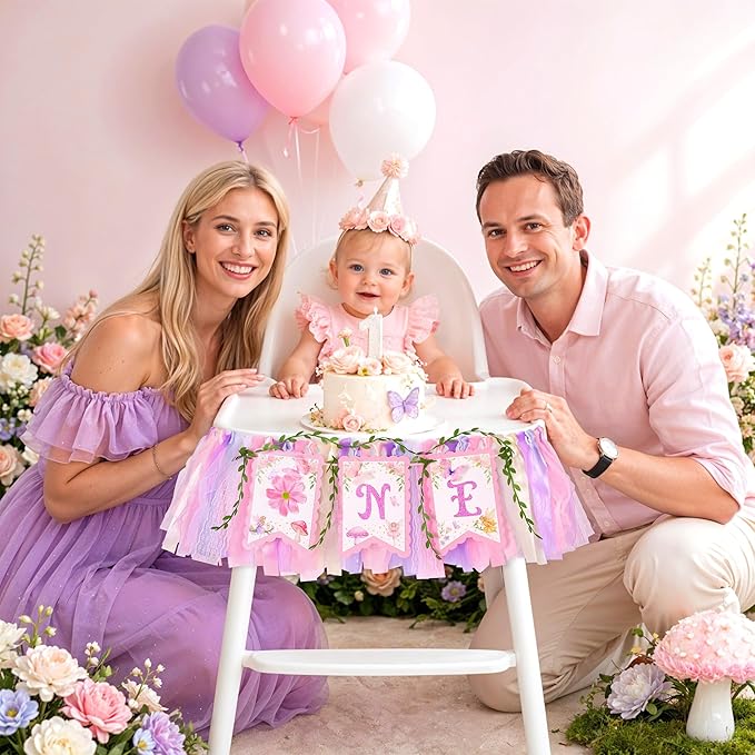 Fairy First Birthday High Chair Banner One High Chair Banner Girl Photo Backdrop Fairy First Birthday Decorations for Girl Wall Hanging Decorations for Kids Bedroom
