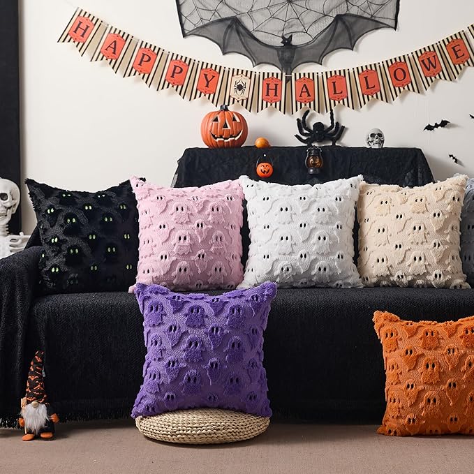 DFXSZ Halloween Pillow Covers 20x20 inch Set of 2 Black Ghost Throw Pillow Cases Soft Plush Faux Fur Wool Couch Cushion Case for Chair Sofa Bedroom Living Room Home Decor PTK03F20