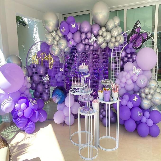 Dark Purple Balloon Arch Kit with 2pcs Spike Balloons, 110pcs Pastel Purple and Metallic Purple Silver Garland for Girls Women Wedding Anniversary Birthday Baby Shower Party Decorations Supplies