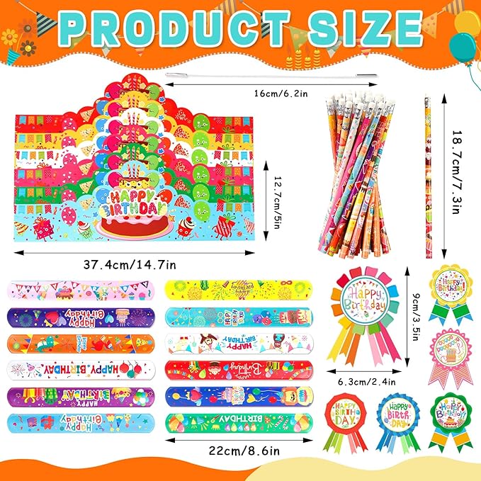 144 PCS Birthday Crowns for Kids Classroom Include 36 Colorful Birthday Paper Hats with Elastic Band 36 Badge Stickers 36 Slap Bracelets and 36 pencils for Classroom School Party Supplies