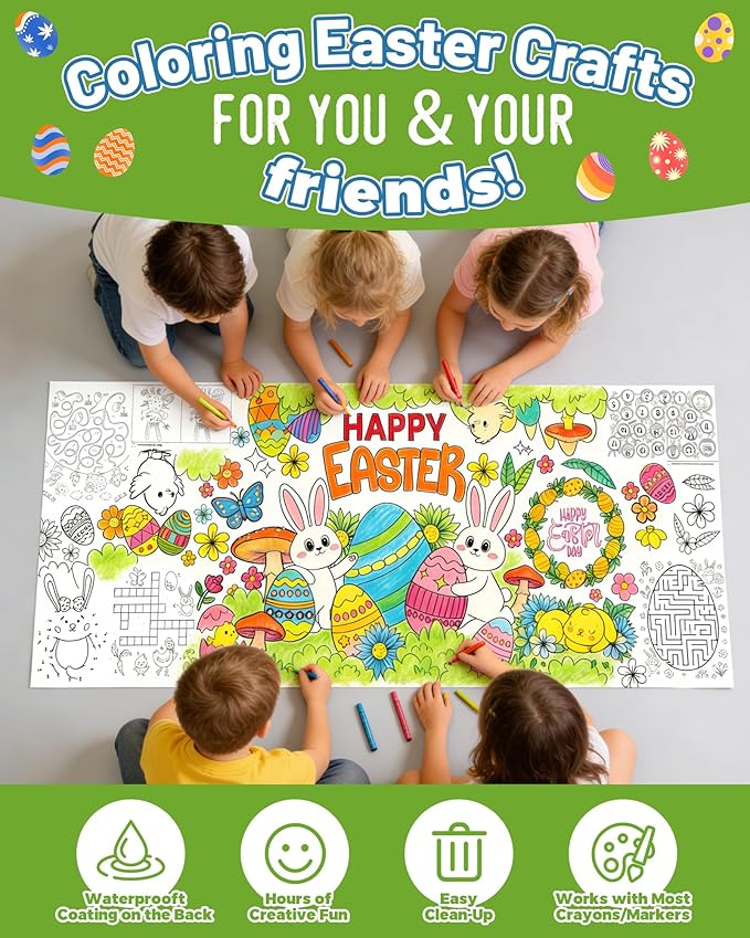 ATFUNSHOP Easter Giant Coloring Tablecloth 35" x 75" - Easter Crafts for Kids, Jumbo Paper Banner & Poster, Coloring Games & Party Activities - DIY Decorations & Gifts Games & Festive Decor