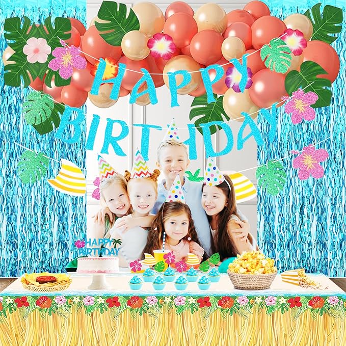Hawaiian Party Decorations Set - Balloons, Cake Topper, Cupcake Toppers, Banner, Table cloth, Foil Curtains, Tropical Party Decorations