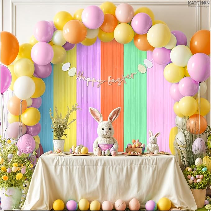 KatchOn, Pastel Multicolor Foil Fringe Curtains – Pack of 2 | Pastel Colourful Photo Backdrop, Rainbow Foil Fringe Backdrop | Easter Decorations for Home | Baby Shower, Birthday Decorations