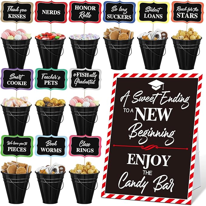 12 Set 2026 Graduation Candy Buffet Party Decoration Graduation Table Candy Bar Snack Labels Signs and 5'' Buckets with Handle for Class of 2026 Party Parties Supplies(Pure Style,Black Color)