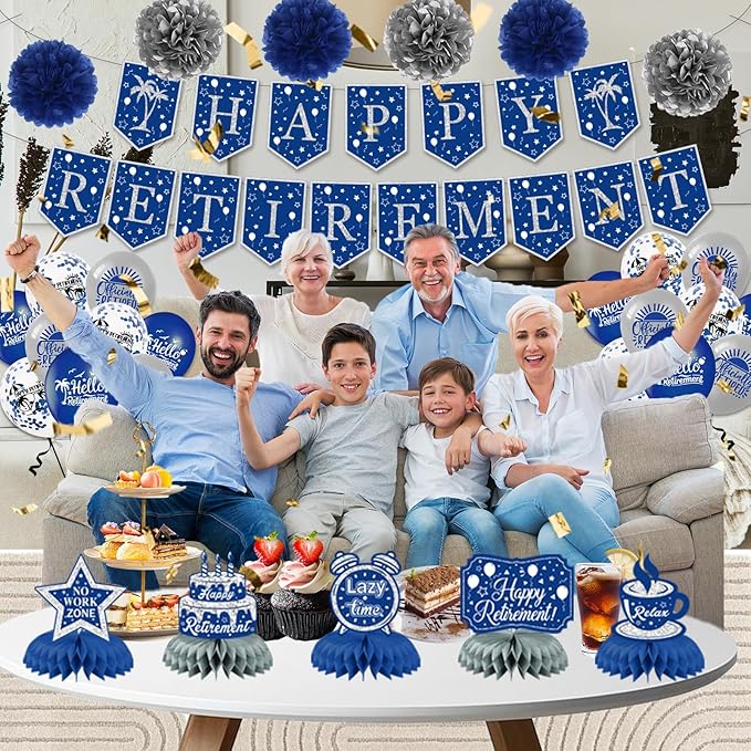 Happy Retirement Party Decorations for Men Women,Blue Silver Retirement Decorations,Happy Banners,Balloons Honeycomb Centerpieces,Paper Pompoms,Office Yard Sign Farewell Party Supplies