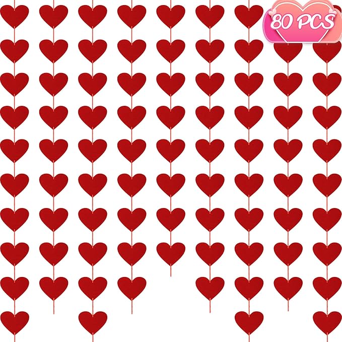 80PCS Felt Hearts, Valentines Day Decoration, Red Heart Garland, Pre-Strung Heart Banner Valentine's Day Banner Indoor Outdoor Hanging Party Decor for Wall Window Door Fireplace Office Home