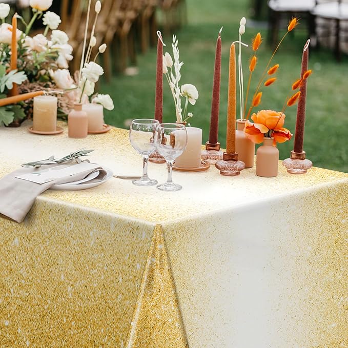 2 Pack Golden Tablecloth 54 x 108 Inch Disposable Gradient Yellow Gold Plastic Tablecloth Light Gold Table Cover for Wedding Birthday Anniversary Party Decoration Dining Outdoor Picnics
