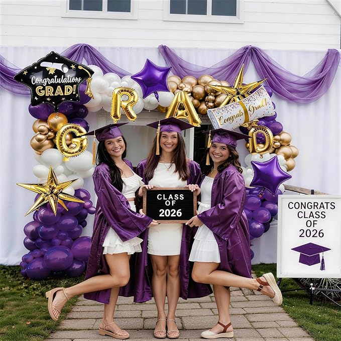 Purple Graduation Balloons Garland Arch Kit, 115 PCS Purple Gold White Graduation Star Print Certificate Grad Foil Balloons with Gold Explosion Star Balloon for Graduate Class of 2026 Prom Party Decor