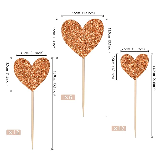 30 PCS Love Heart Cupcake Toppers Glitter Bridal Shower Sweet Love Cupcake Picks for Wedding Engagement Valentine's Day Baby Shower Birthday Party Cake Decorations Supplies Orange