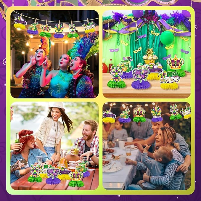 JULMELON Mardi Gras Table Decorations Honeycomb Centerpiece, 8pcs Mardi Gras Centerpieces for Tables Masquerade Masks Crown Signs Decor Mardi Gras Party Decorations for Home