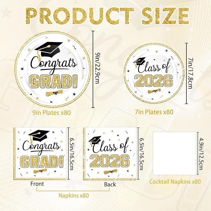320Pcs Graduation Table Decorations Party Supplies - White Gold Graduation Plates and Napkins Class of 2026 Disposable Dinnerware Set for College High School Congrats Grad Party Favors, Serve 80