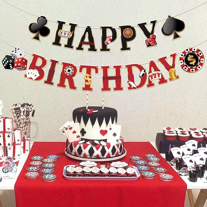 Hooqict Casino Theme Party Decorations Happy Birthday Banner Casino Party Banner Garland for Las Vegas Poker Night Birthday Party Decorations Supplies