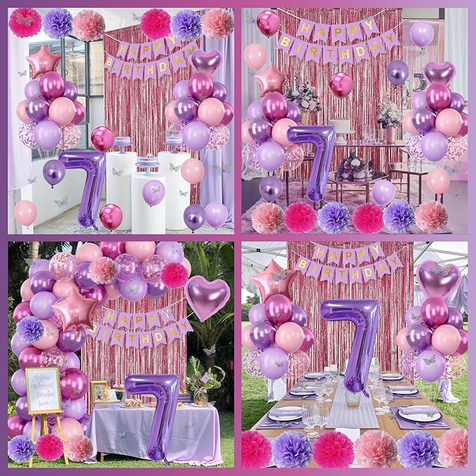Pink Purple 7th Birthday Party Decorations for Girls Number 7 Balloon Happy Birthday Banner Butterfly Stickers Fringe Curtain Paper Pom Poms Metallic Hot Pink Star Foil Balloons 7 Year Old Princess