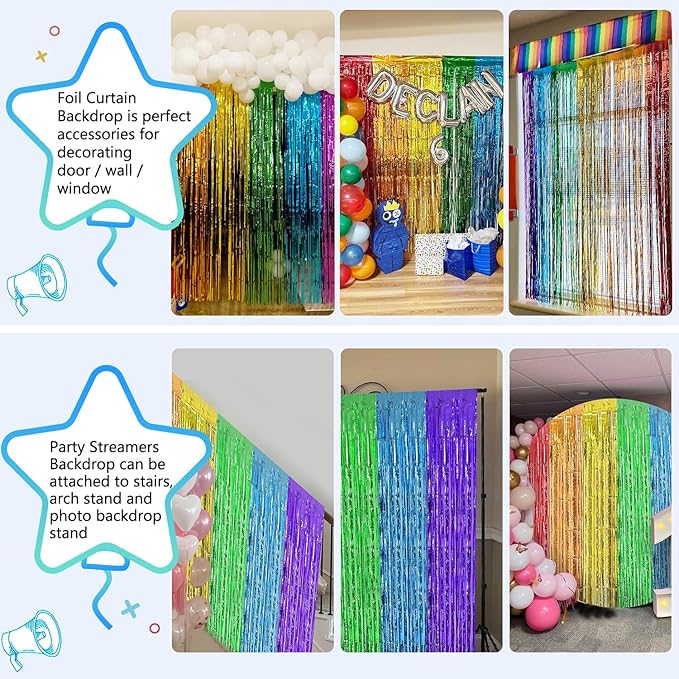 2 Pack Rainbow foil Fringe Backdrop Curtains, 3.3x6.6FT Rainbow Party Decorations Tinsel Backdrop Fringe Curtain Party Streamer for Engagement Graduation Pride Back to School