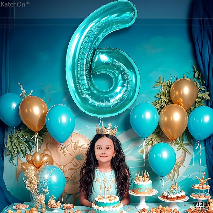 KatchOn, Giant Teal Blue Number 6 Balloon - 40 Inch | 6th Birthday Balloon for 6th Birthday Decorations | 6 Balloons for Birthday | Number Balloons for Anniversary Decorations