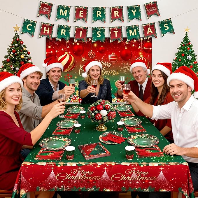 Christmas Party Decorations, Merry Christmas Party Supplies with Xmas Tree and Balls Theme, Disposable Tableware with Paper Plates, Napkins, Cups, Tableclot, Banner, Background Cloth (Serves 20)