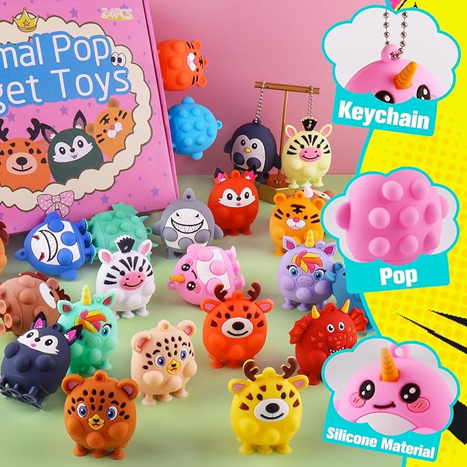 Easter Basket Stuffers, 24 PCS Party Favors for Kids, Silicone Animal Pop Fidget Toys with Suction, Birthday Gifts for Boy Girls, Treasure Box Toys, Goodie Bag Stuffers, Prizes for Kids