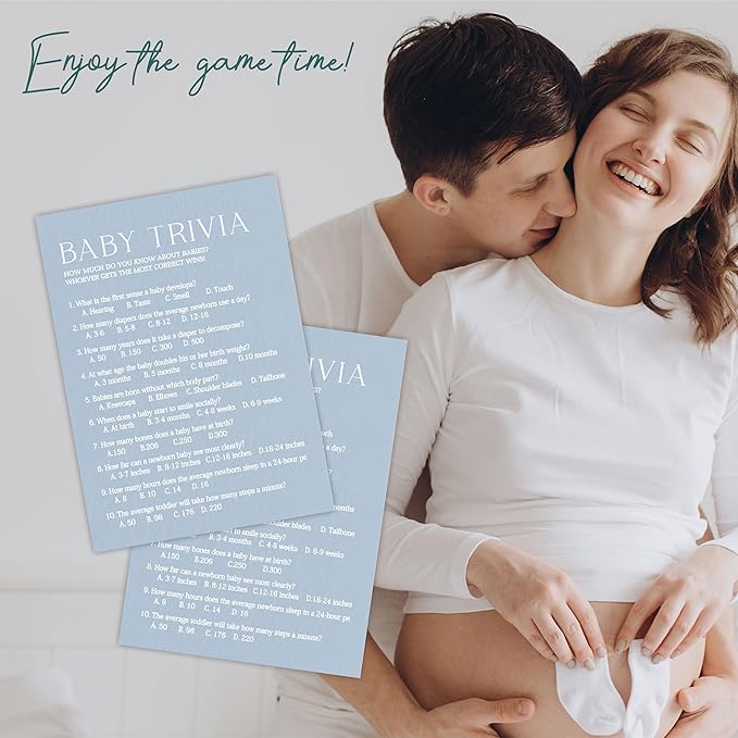 Minimalism Baby Shower Game Kits - Trivia Game - Mist Blue - 30 Fill In Cards & 1 Answer Card, Gender Reveal, Announcement, Party Favor & Decor - B06