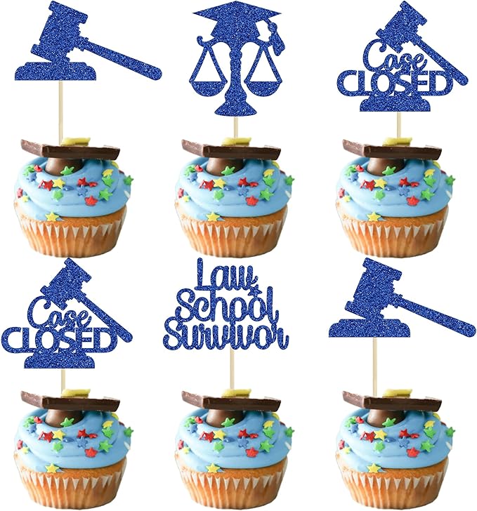 Gyufise 24Pcs 2026 Lawyer Graduation Cupcake Toppers Blue Glitter Class Of 2026 Lawyer Grad Cake Toppers Cap Diploma Case Closed Cupcake Picks 2026 Graduation Theme Party Cake Decorations Supplies